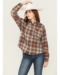Cleo + Wolf Women's Mixed Media Plaid Print Button-Down Graphic Flannel Shirt
