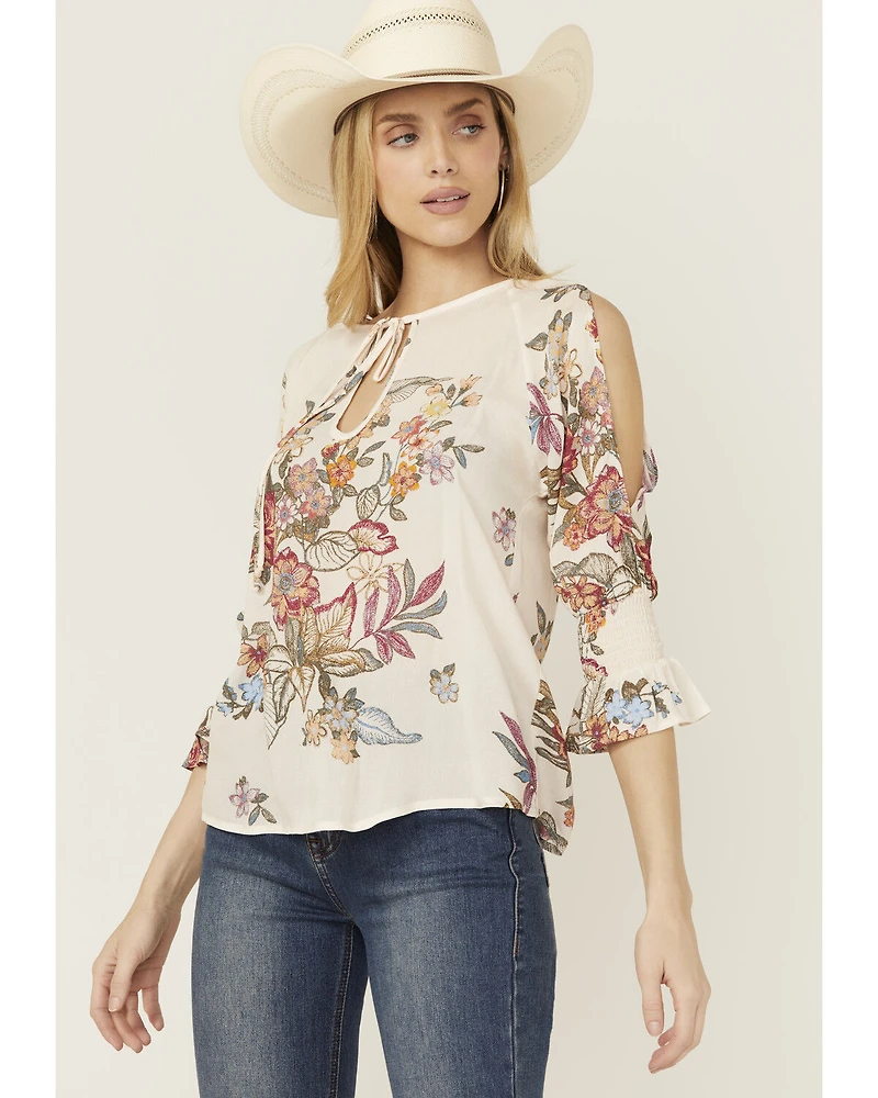 Wild Moss Women's Floral Print Cold Shoulder Top