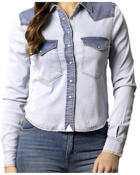 Kimes Ranch Women's Rayna Two-Toned Long Sleeve Cropped Snap Denim Western Shirt