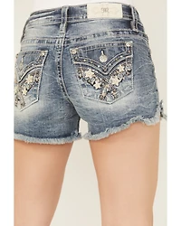 Miss Me Women's Medium Wash Mid Rise Star Flap Stretch Denim Shorts