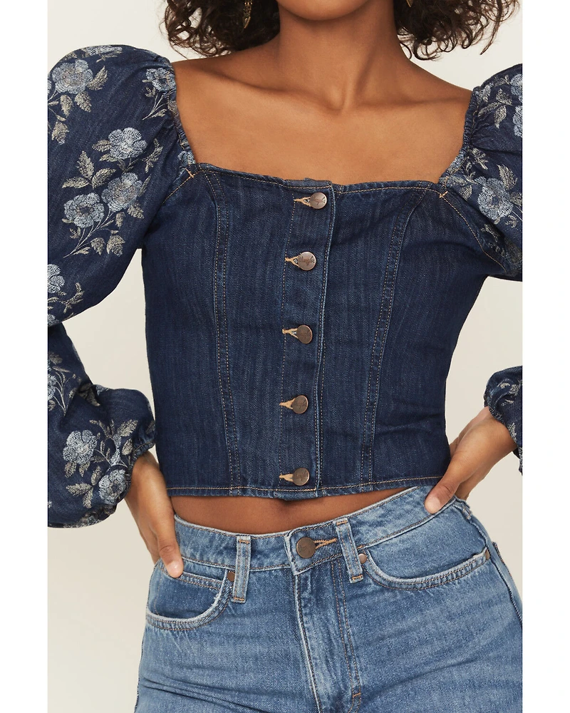 Wrangler Retro Women's Floral Tapestry Sleeve Denim Blouse