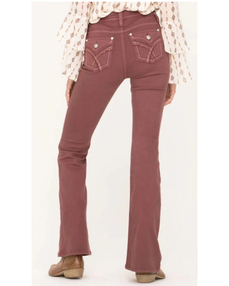Miss Me Women's X-Shaped Flap Pocket High Rise 34" Flare Denim Jeans