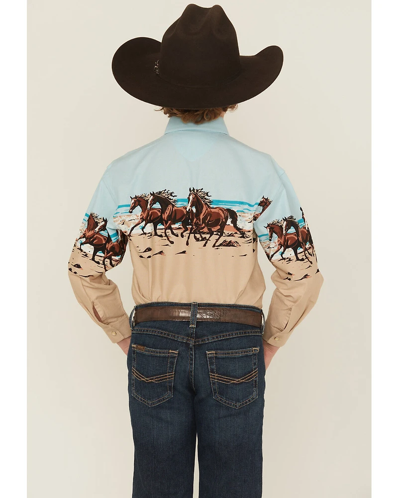 Panhandle Slim Boys' Horses And Beach Border Long Sleeve Snap Western Shirt