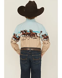 Panhandle Slim Boys' Horses And Beach Border Long Sleeve Snap Western Shirt