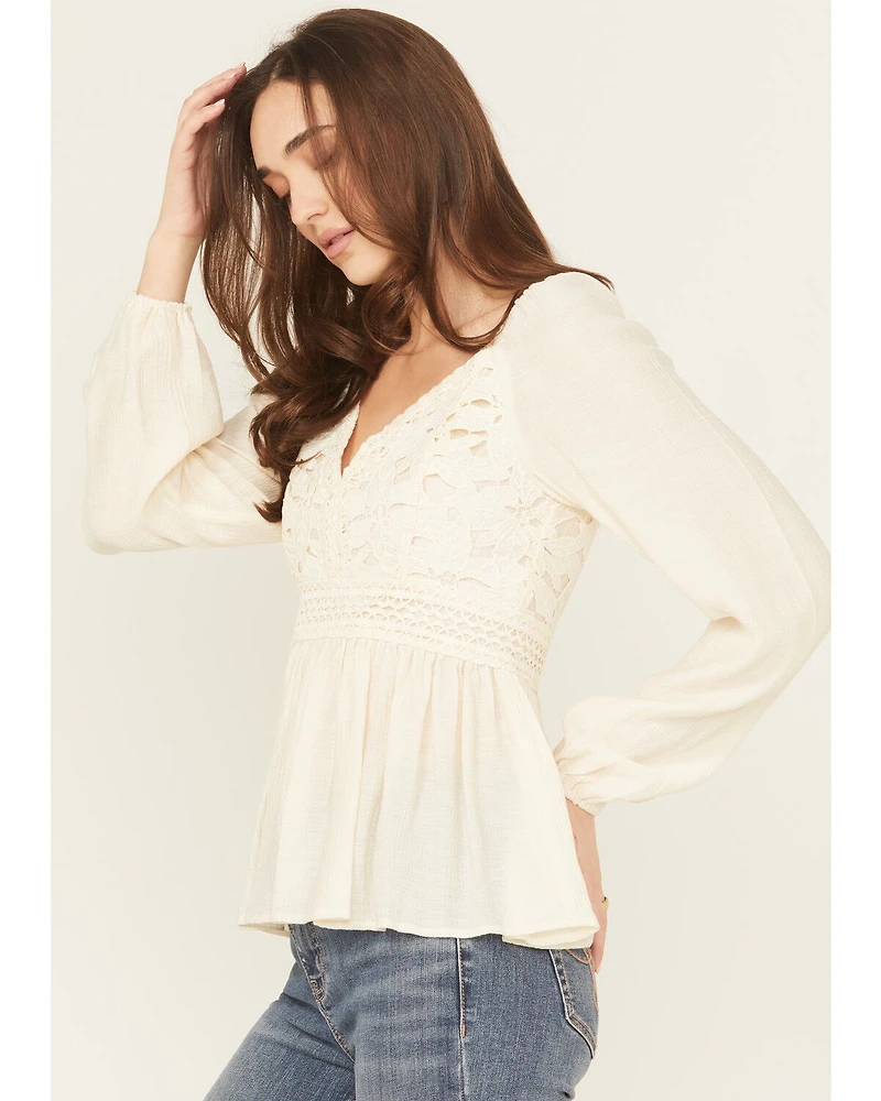 Shyanne Women's Crochet Lace Long Sleeve Crinkle Top