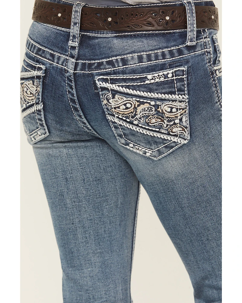 Grace LA Girls' Medium Wash Paisley Pocket Bootcut Stretch Denim Jeans