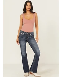 Miss Me Women's Dark Wash Mid Rise 32" Bootcut Stretch Denim Jeans