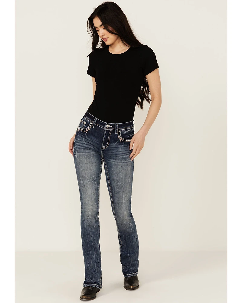 Grace LA Women's Medium Wash Floral Paisley Embroidered Mid Rise Bootcut Stretch Denim Jeans