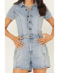 Rolla's X AC/DC Women's Light Wash Lightening Short Sleeve Button-Down Denim Romper