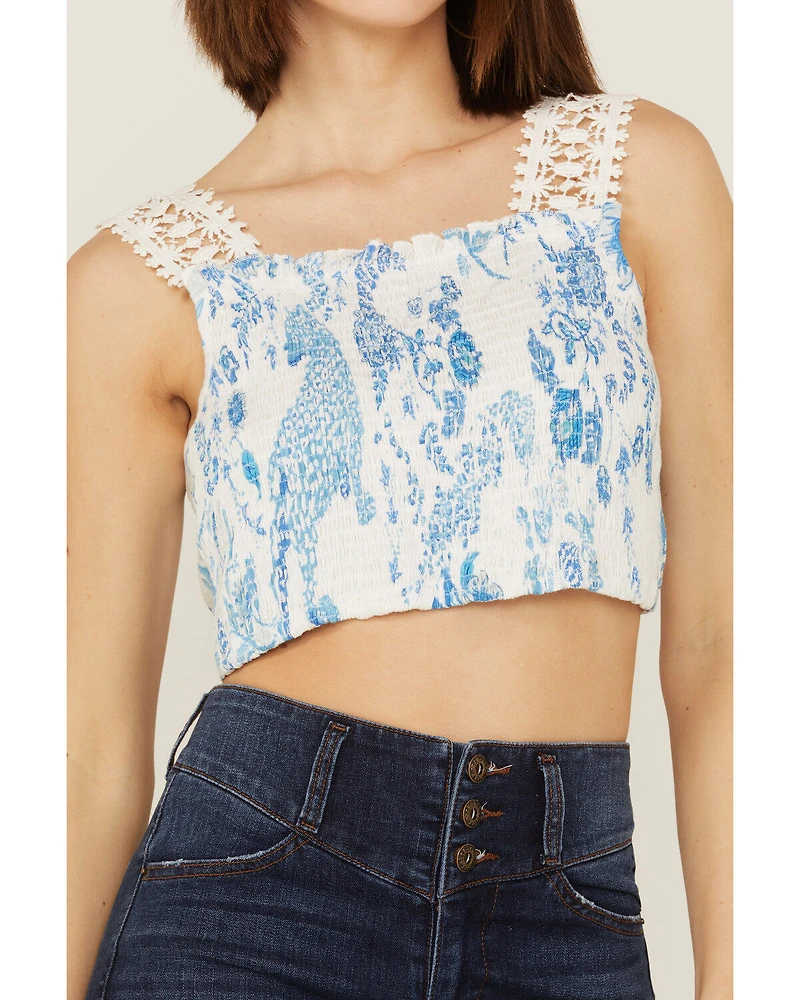 Z&L Women's Delphi Print Smocked Tie Back Sleeveless Crop Top