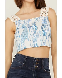 Z&L Women's Delphi Print Smocked Tie Back Sleeveless Crop Top