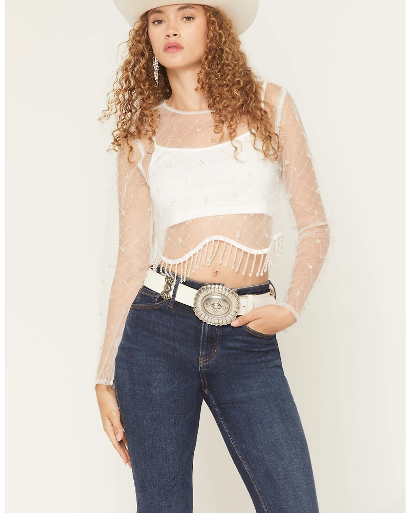 Blue B Women's Long Sleeve Mesh Metallic Fringe Crop Top