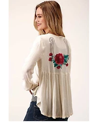 Roper Women's White Floral Embroidered Knit Cardigan