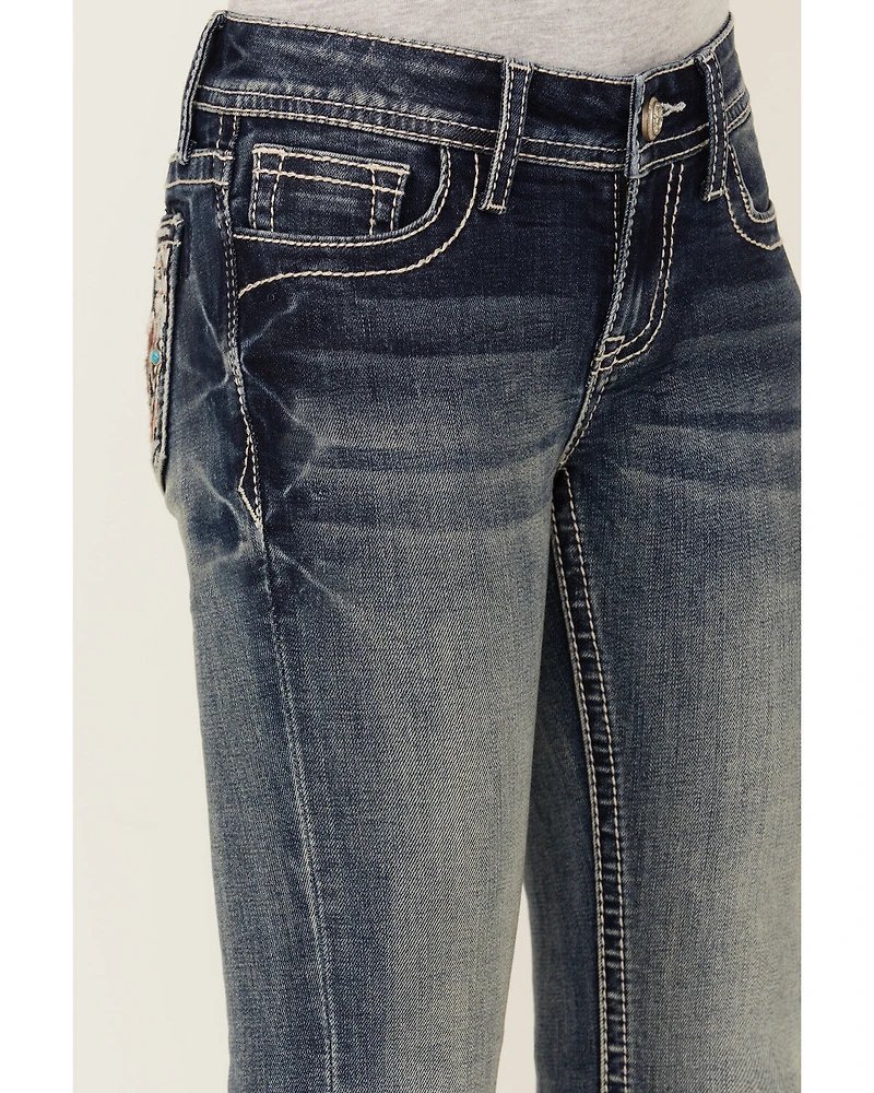 Grace LA Girls' Medium Wash Horse Patch Pocket Bootcut Stretch Denim Jeans