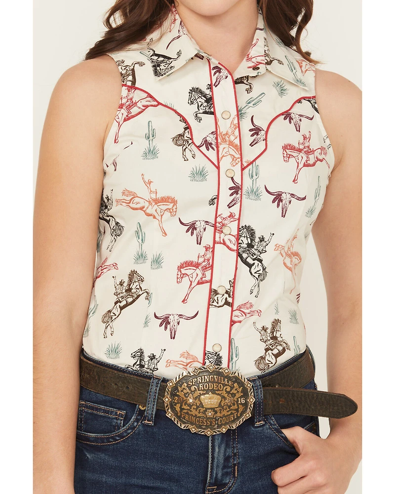Rock & Roll Denim Women's Western Conversation Print Sleeveless Snap Shirt