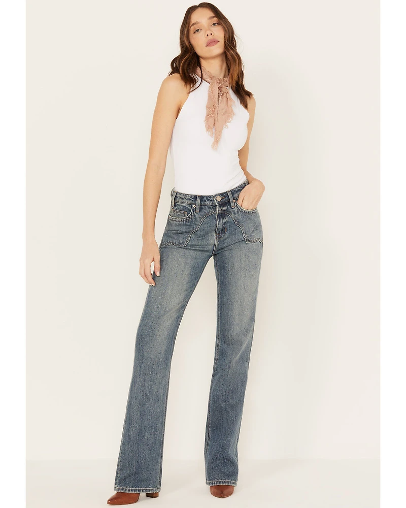 Rock & Roll Denim Women's Medium Wash High Rise Yoke Pocket Vintage Bootcut Jeans