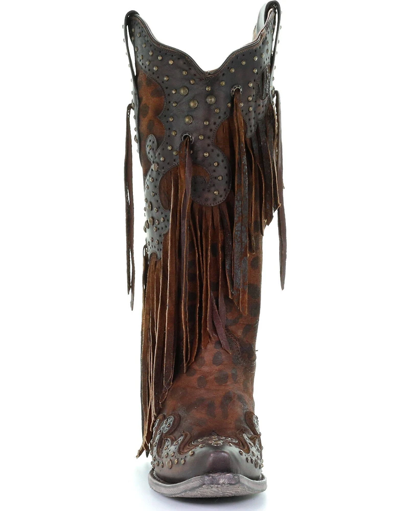Corral Women's Leopard Stud & Fringe Western Boots - Snip Toe
