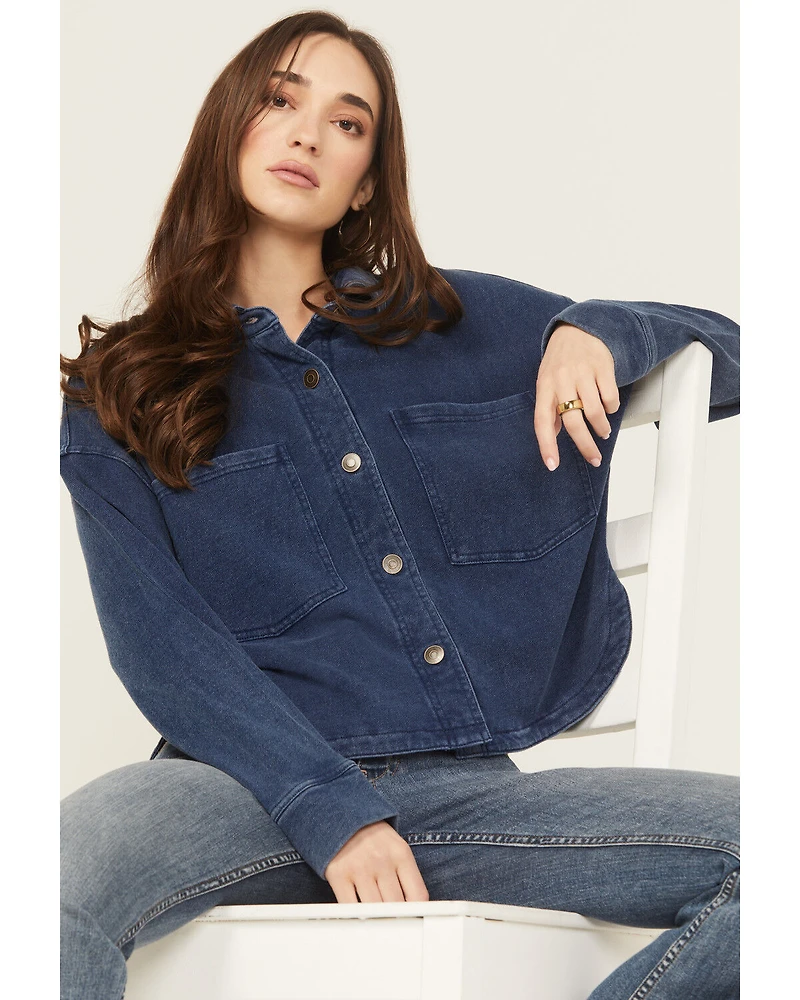 White Crow Women's Denim Knit Long Sleeve Button-Down Cropped Shacket