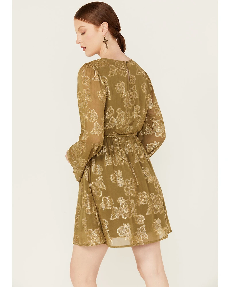 En Creme Women's Floral Metallic Long Sleeve Mini Dress