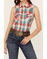 Wrangler Women's Essential Plaid Print Sleeveless Pearl Snap Western Shirt