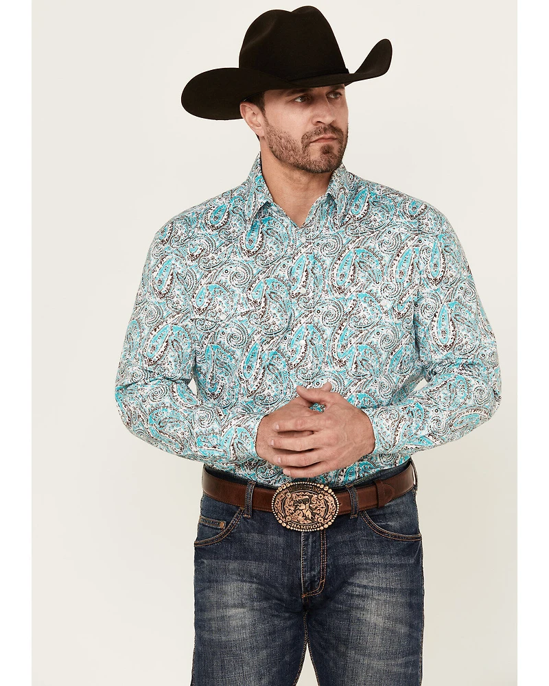 Rough Stock by Panhandle Men's Paisley Print Long Sleeve Pearl Snap Stretch Western Shirt