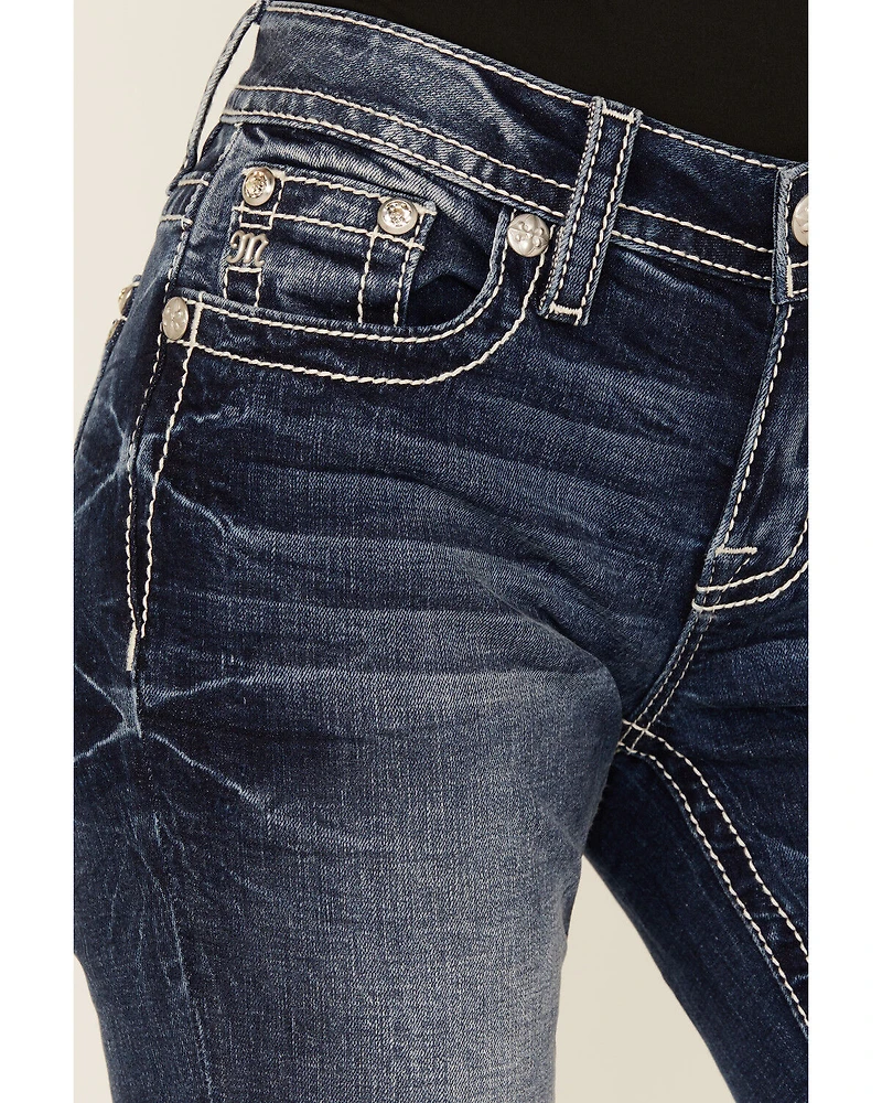 Miss Me Women's Dark Wash Mid Rise Steer Head Pocket 32" Bootcut Stretch Denim Jeans
