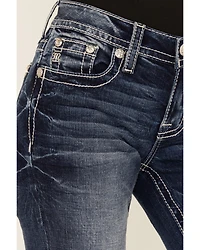 Miss Me Women's Dark Wash Mid Rise Steer Head Pocket 32" Bootcut Stretch Denim Jeans