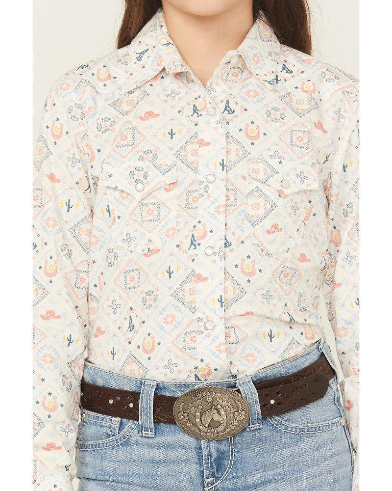 Panhandle Slim Girls' Conversation Print Long Sleeve Snap Western Shirt