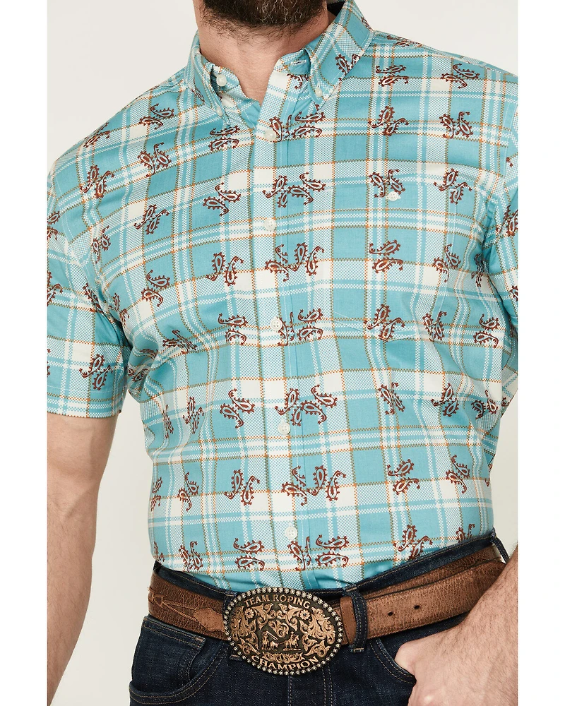 RANK 45® Men's Folklore Plaid Print Short Sleeve Button-Down Performance Stretch Western Shirt