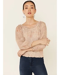 Mystree Women's Floral Paisley Print 3/4 Sleeve Smocked Top