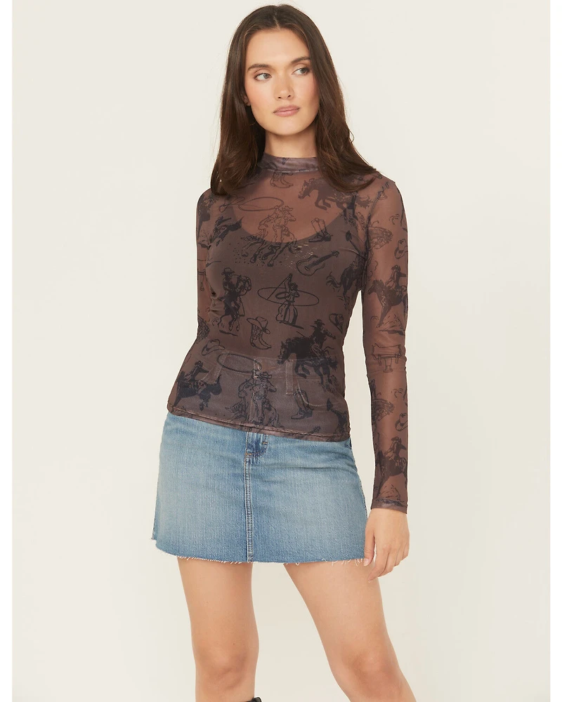 Blue B Women's Cowboy Conversation Print Long Sleeve Mesh Shirt