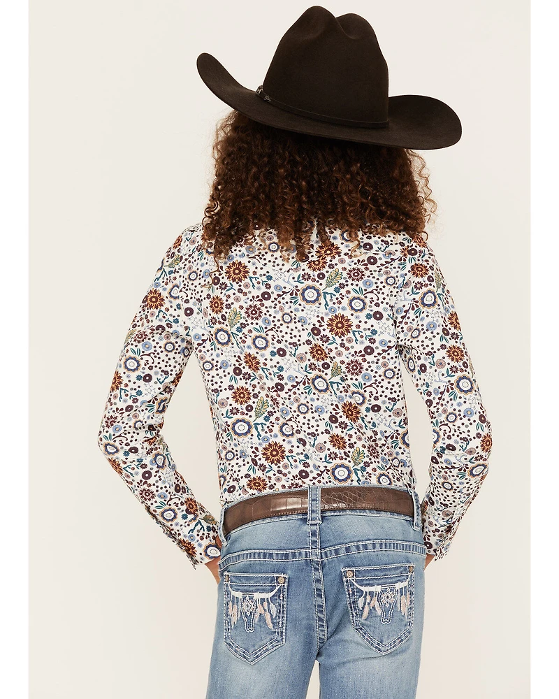 Shyanne Girls' Ditsy Floral Print Long Sleeve Western Pearl Snap Shirt
