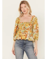 By Together Women's Sunflower Print Smocked Long Sleeve Peasant Top