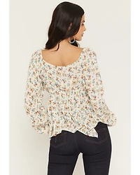 Wild Moss Women's Floral Print Long Sleeve Hanky Hem Top