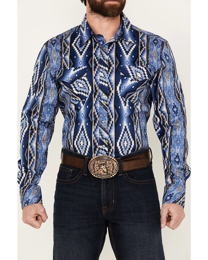 Rock & Roll Denim Men's Southwestern Striped Long Sleeve Pearl Snap Stretch Western Shirt