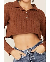Callahan Women's Rootbeer Brown Cable Knit Long Sleeve Daisy Polo