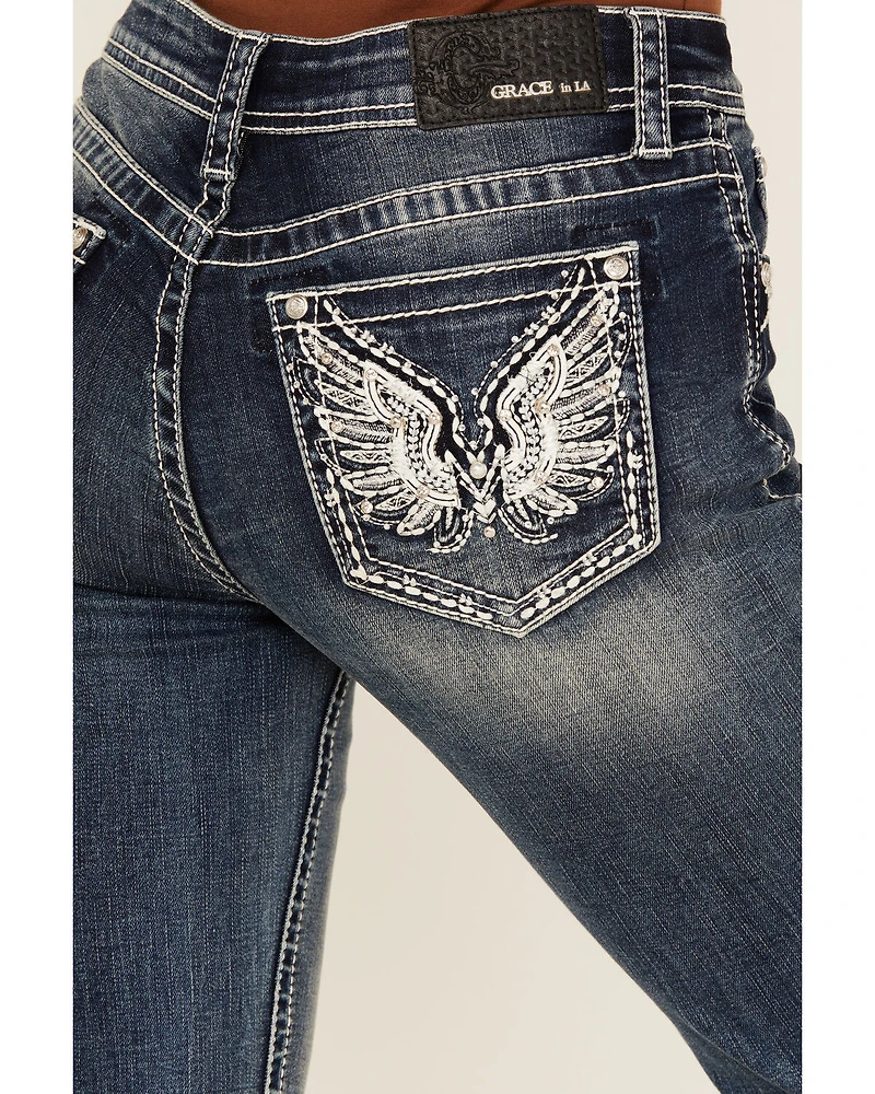 Grace LA Women's Medium Wash Wing Embroidered Mid Rise Bootcut Stretch Denim Jeans
