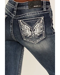 Grace LA Women's Medium Wash Wing Embroidered Mid Rise Bootcut Stretch Denim Jeans