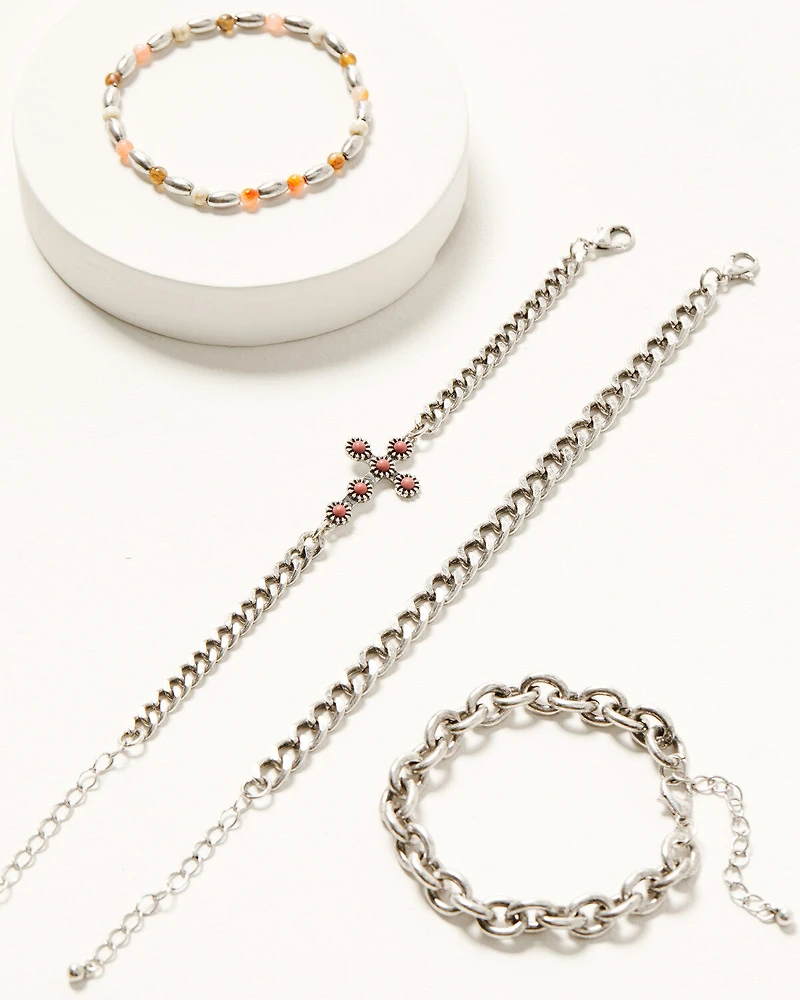 Shyanne Women's Cross And Beaded Chain Layered Bracelet Set - 4 Piece Set