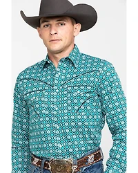 Rock 47 By Wrangler Men's Teal Geo Print Long Sleeve Western Shirt