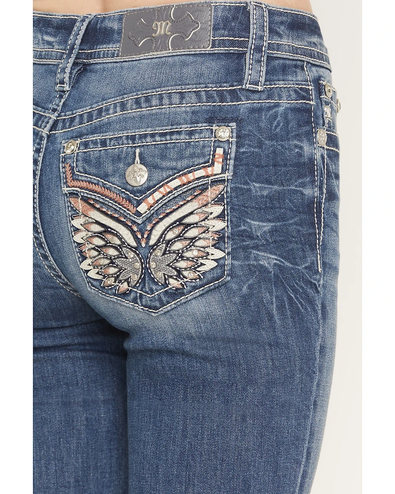 Miss Me Women's Medium Wash Mid Rise Wing Pocket 34" Bootcut Stretch Denim Jeans