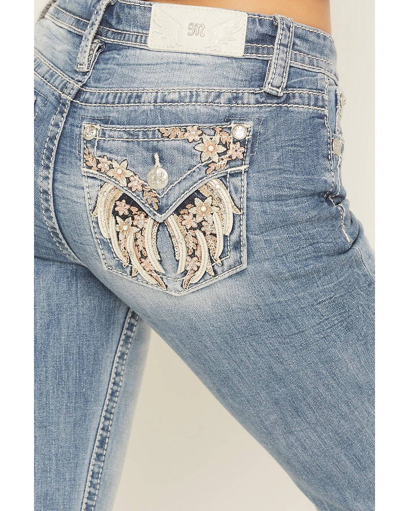 Miss Me Women's Light Wash Floral Wing Pocket 32" Bootcut Stretch Denim Jeans