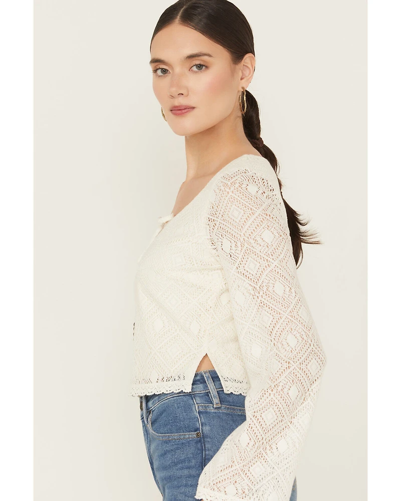 Idyllwind Women's Lacey Scoop Neck Bell Sleeve Crochet Top