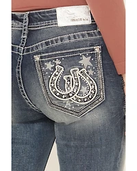 Grace LA Women's Medium Wash Mid Rise Star Horseshoe Bootcut Stretch Denim Jeans