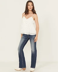 Miss Me Women's Dark Wash Mid Rise Embroidered Pocket 32" Bootcut Stretch Denim Jeans