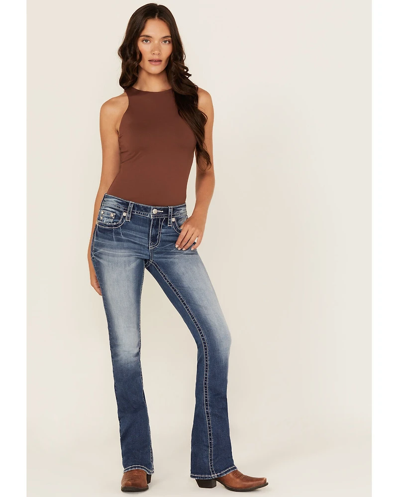 Miss Me Women's Medium Wash Mid Rise Winged Pocket 32" Bootcut Stretch Denim Jeans