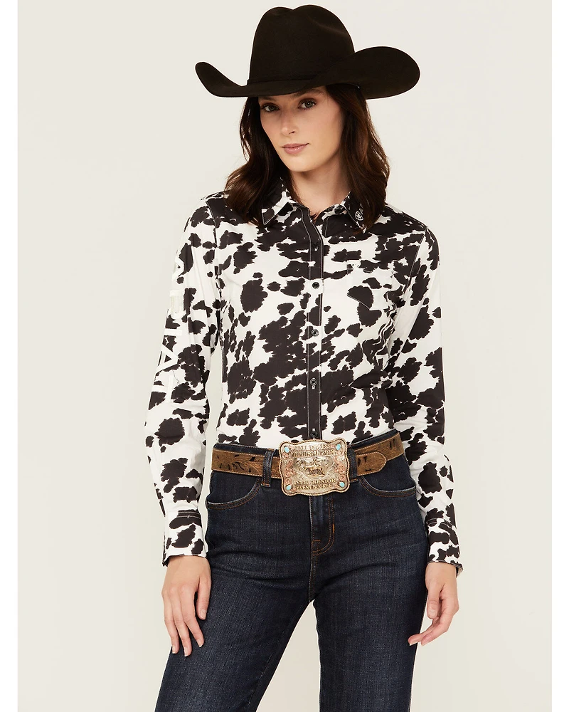 Ariat Women's Cow Print Wrinkle Resist Team Kirby Long Sleeve Button-Down Stretch Western Shirt