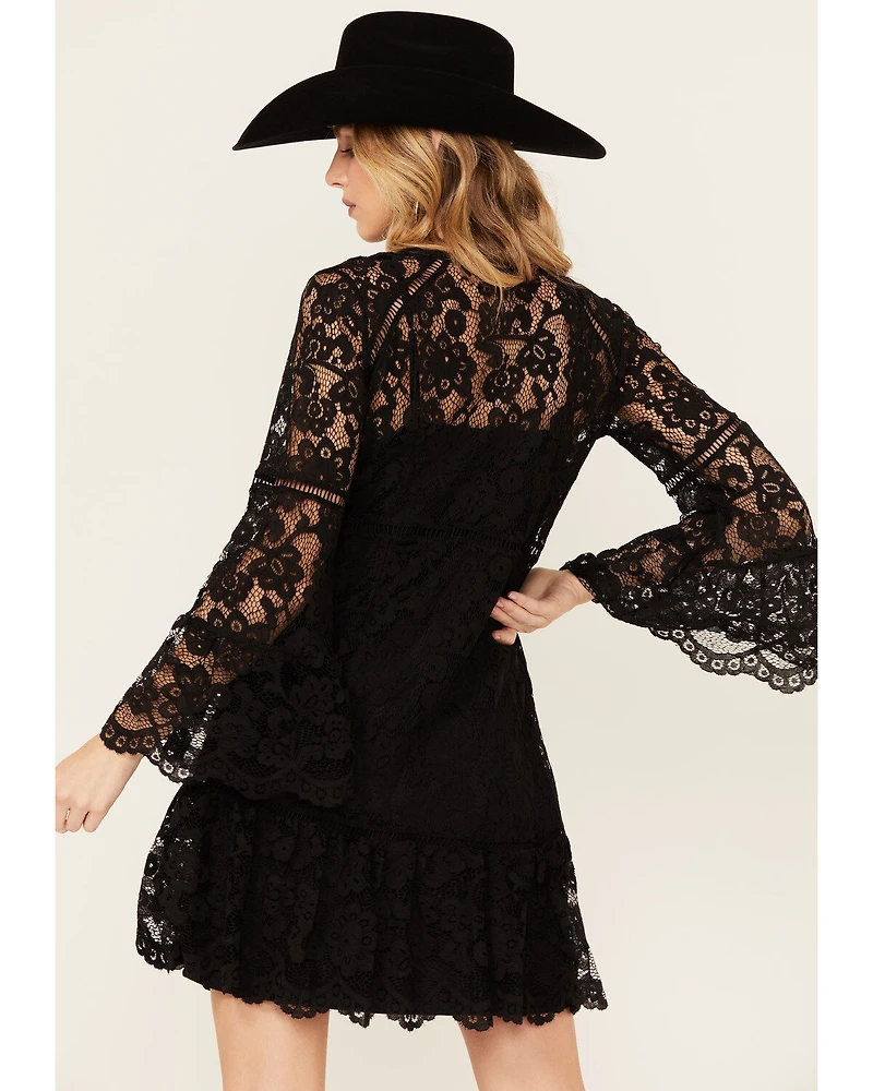 Scully Women's Lace Crochet Long Bell Sleeve Mini Dress