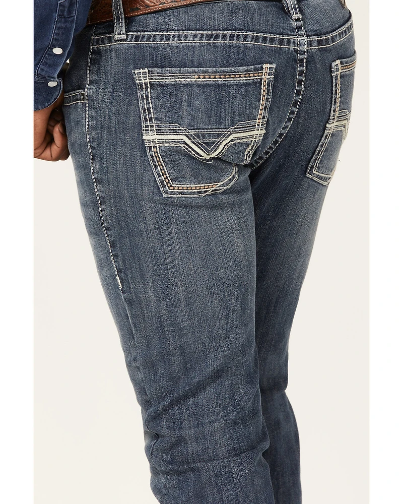 Rock & Roll Denim Men's Rifle Medium Wash Leather Pocket Stretch Straight Skinny Jeans