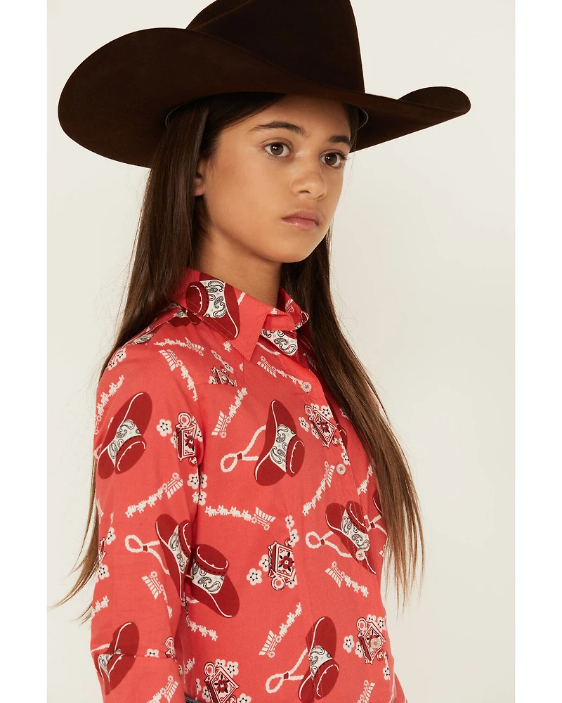 Cruel Girl Girls' Conversation Print Long Sleeve Button-Down Western Shirt